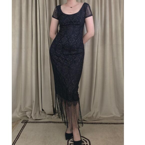 Vintage Dresses & Skirts - Vintage Onyx Nite Black Silver Metallic Lace Dress with Fringe Hem
